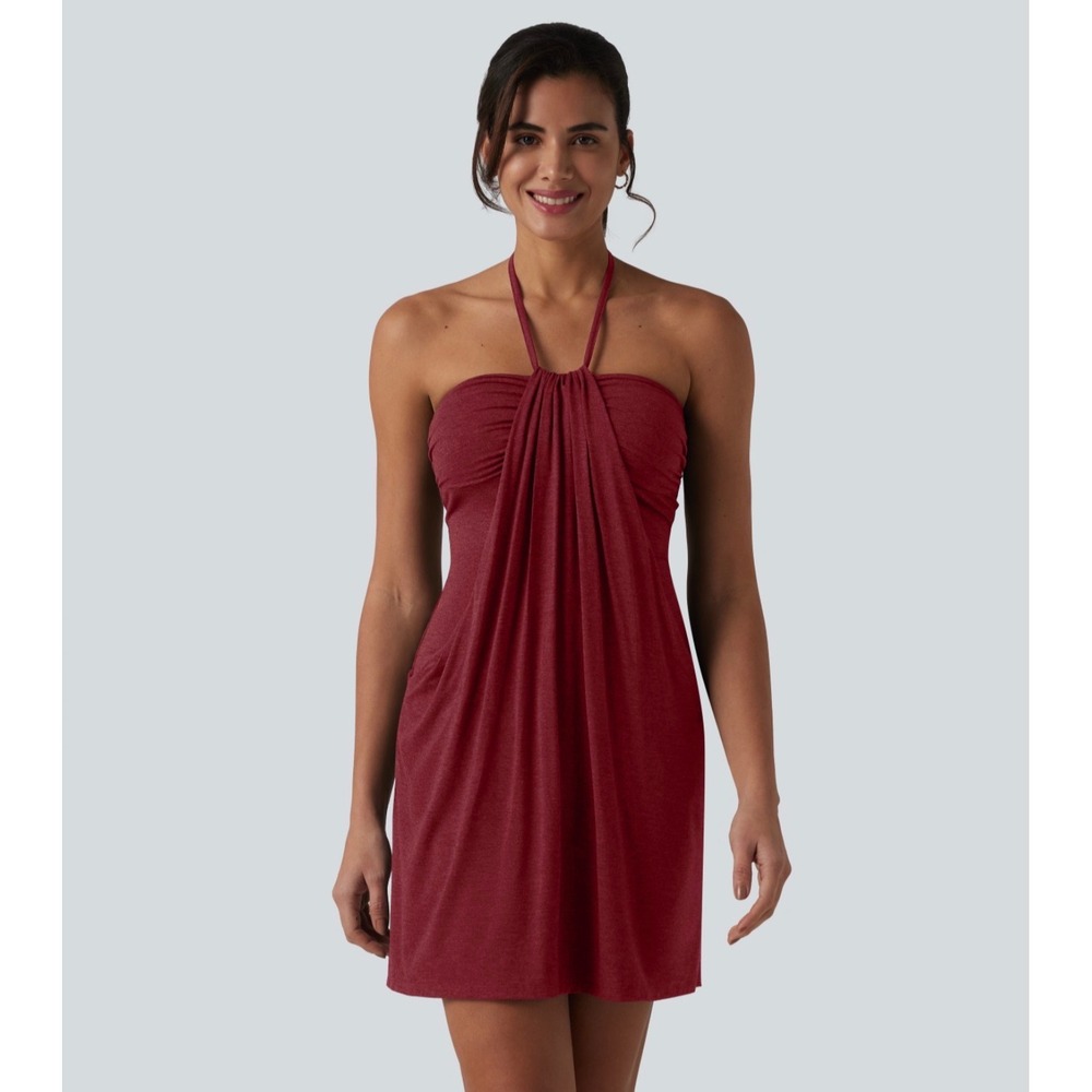 Halara Red Halter Tie Back Mini Resort Dress with Pockets Size M 02955787